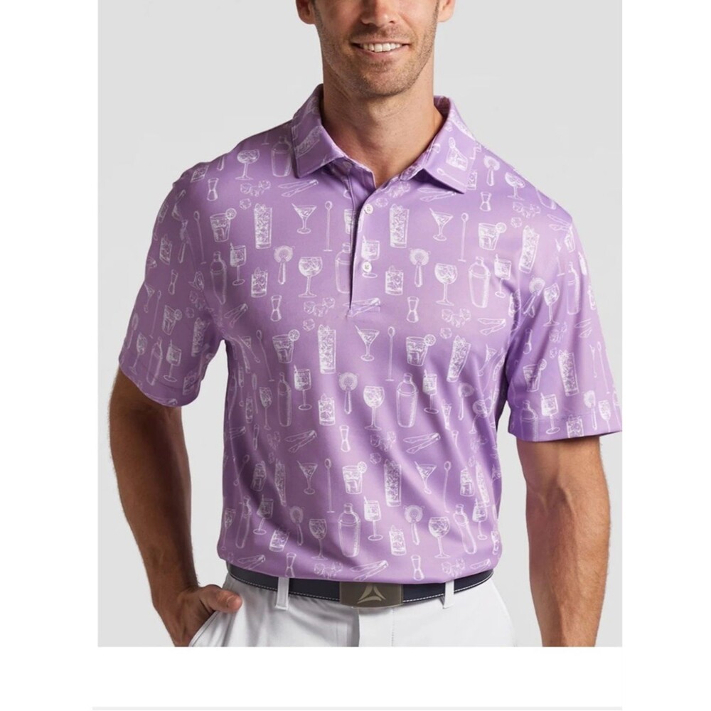 Bermuda Sands Doug Lavender Orchid  Cocktail Print Polo Shirt Size S READ